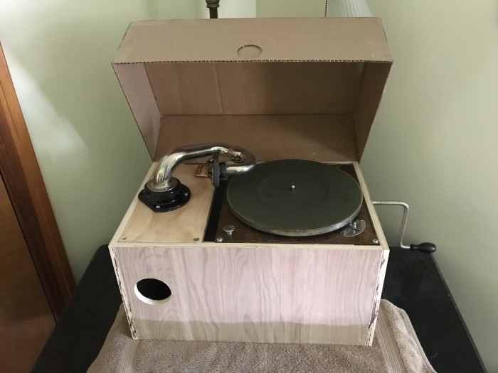 A prototype cabinet that my father and I made from ½&quot; plywood that we already had on hand (there wasn't enough wood for a lid, so I improvised with cardboard).  If the horn is satisfactory, I plan to build a lidded cabinet from ¾&quot; birch plywood--probably something along the lines of a Mark IX base unit.