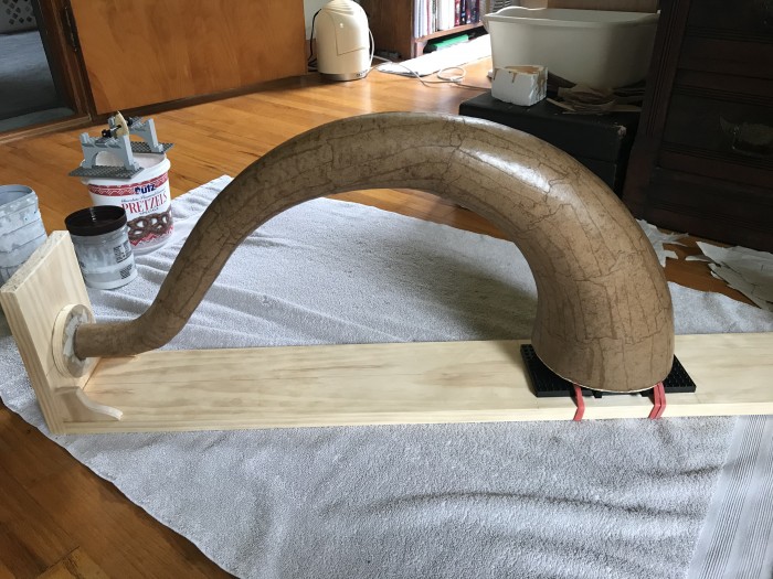Progress as of last night, with paper strips along the horn's axis.