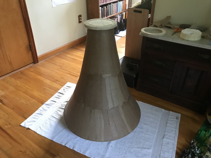 The horn mouth as of yesterday--four layers (eight individual sheets) thick, with the mounting ring glued in place and the rough edges trimmed off.