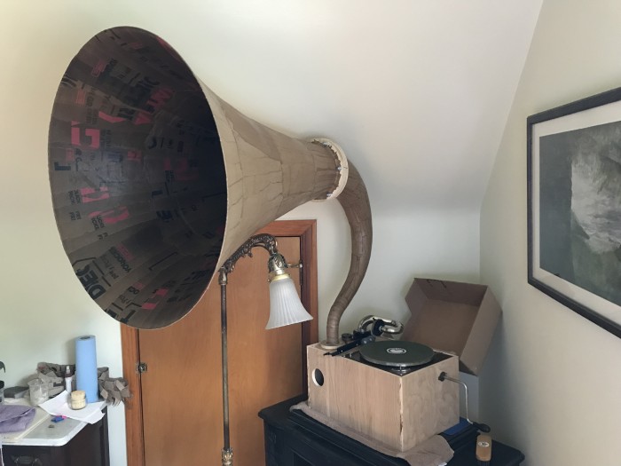 The whole horn in place on the test cabinet--the uneven mouth has been trimmed, but the neck still needs a few more layers of paper and the wood keel.