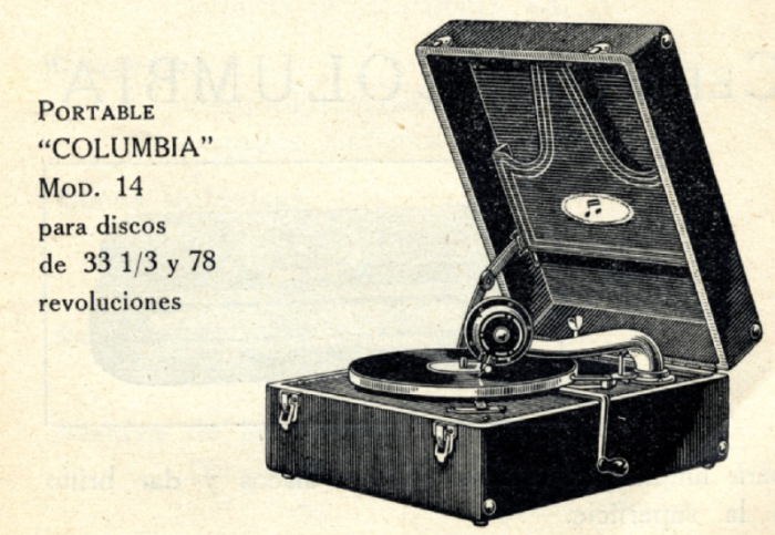 1936 Columbia catalogue excerpt with the advert for the model no.14 portable spring gramophone that can play the 33 ⅓ rpm records