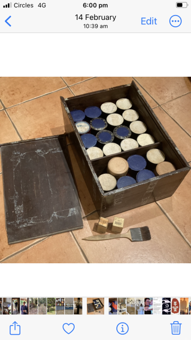 Filled wooden storage box, reproducer, recorder and brush